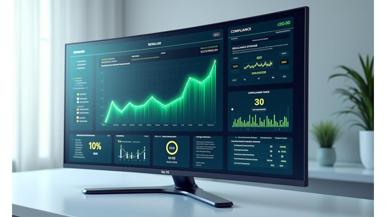 Tableau de bord de conformité Amendea Solutions affichant des indicateurs verts, des alertes de changement réglementaire et un score de conformité élevé, reflétant une gestion proactive.