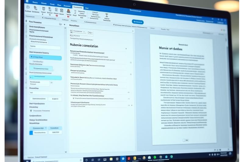 Un écran d'ordinateur montrant un logiciel de génération automatique de documents juridiques avec des champs préremplis et un aperçu du texte final.