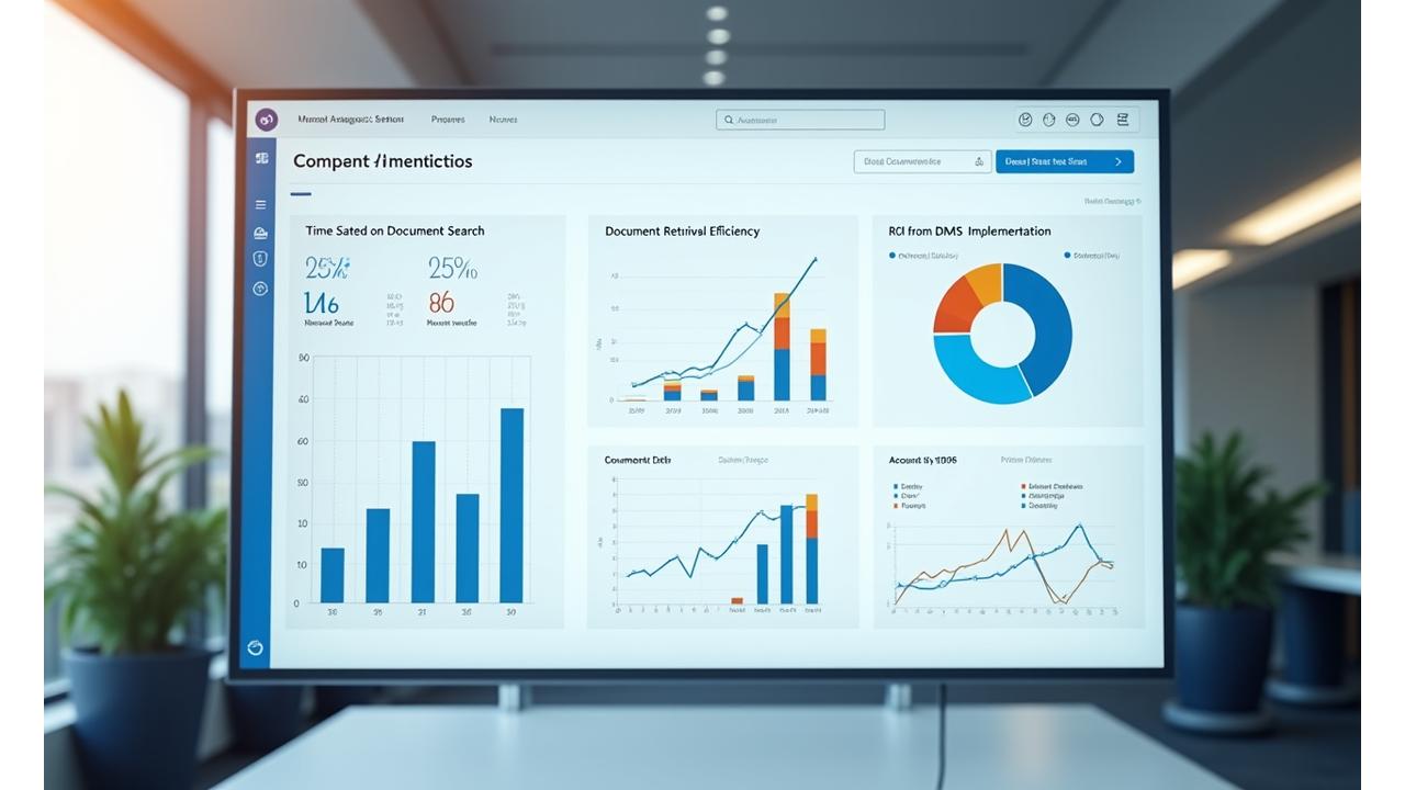 Tableau de bord présentant des graphiques d'analyse de performance pour la gestion documentaire, incluant le ROI et les temps de recherche.