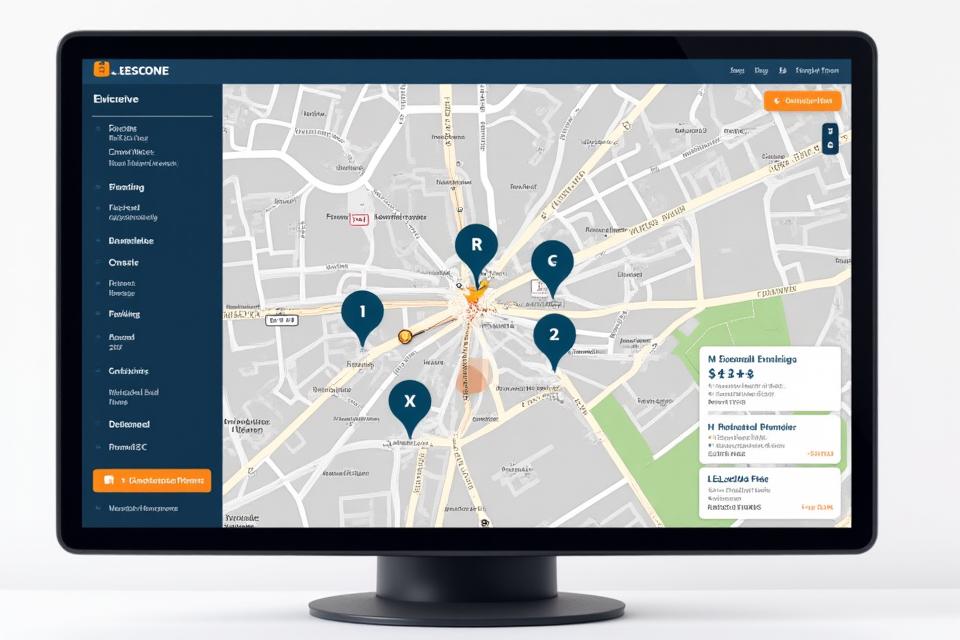 Interface de notre système de collecte de preuves montrant une carte de ville avec des points de données, des icônes de signalisation et une chronologie des événements spécifiques au lieu d'une infraction de stationnement.