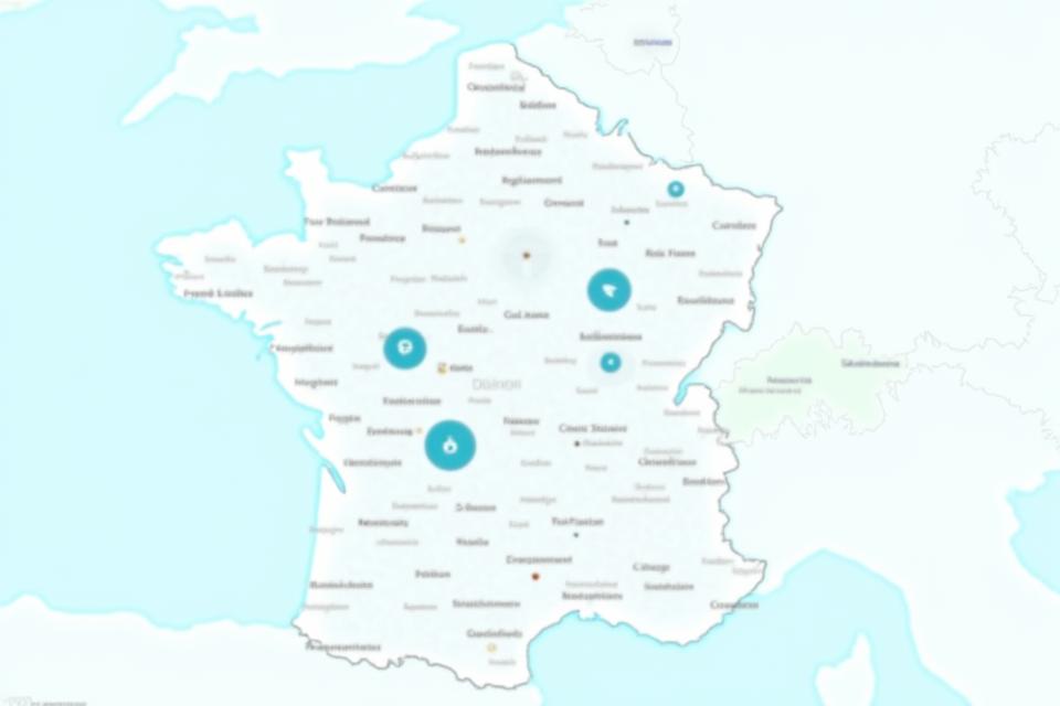 Carte interactive de la France avec des points colorés ou des polygones représentant différentes juridictions, et une fenêtre pop-up affichant les règles de stationnement spécifiques pour une ville sélectionnée.