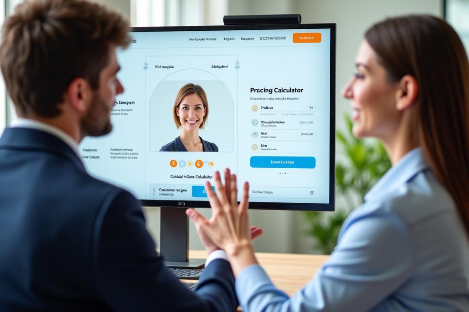 Représentation visuelle d'un centre de support client avec des professionnels aidant des utilisateurs, des icônes de FAQ, et une calculatrice de coûts. L'atmosphère est professionnelle et rassurante.