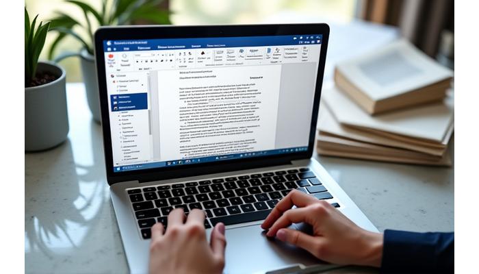 Main d'avocat tapant sur un clavier avec des documents juridiques et une interface logicielle en arrière-plan