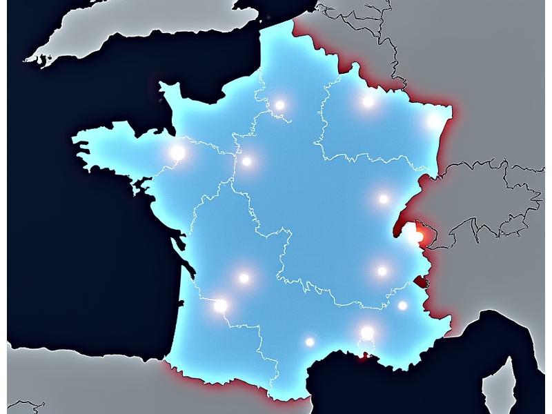 Carte interactive stylisée de la France avec des zones régionales éclairées, représentant la gestion multi-juridictionnelle dans une interface logicielle.